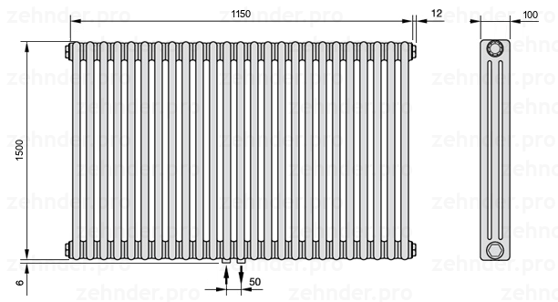 Схема (чертеж) Радиатор Zehnder Charleston 3150/25 №3470 Белый глянцевый RAL 9016